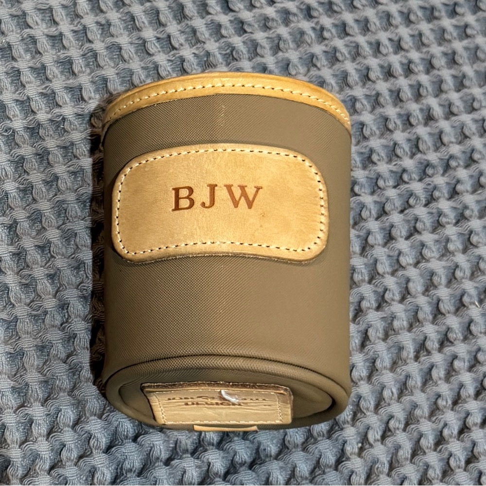 Jon Hart Monogrammed Can Cooler (Koozie) in Khaki with Leather Trim